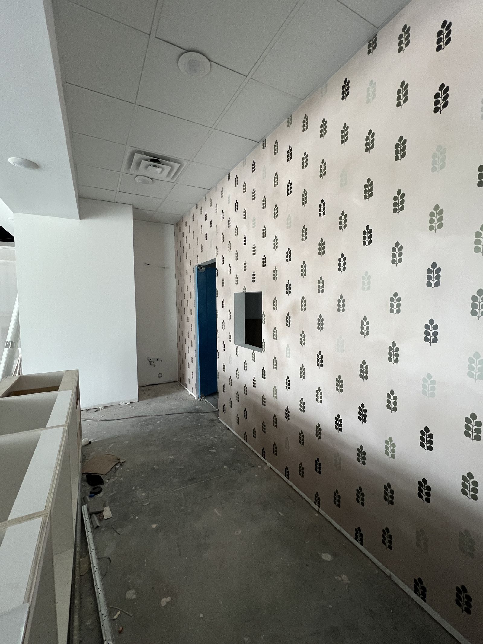 Custom repeating brand pattern applied across a retail wall