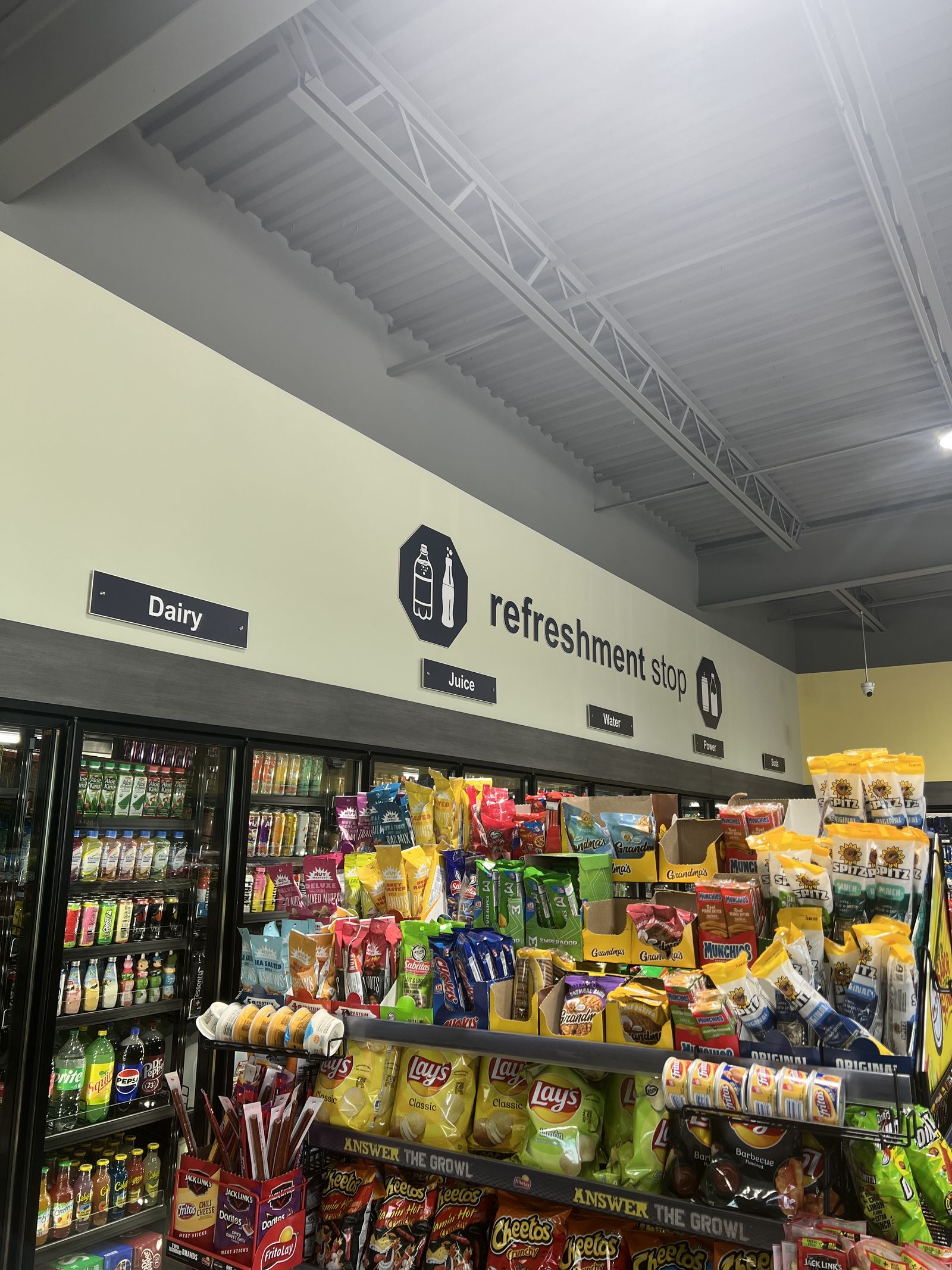 Refreshment stop wayfinding signage over store aisles