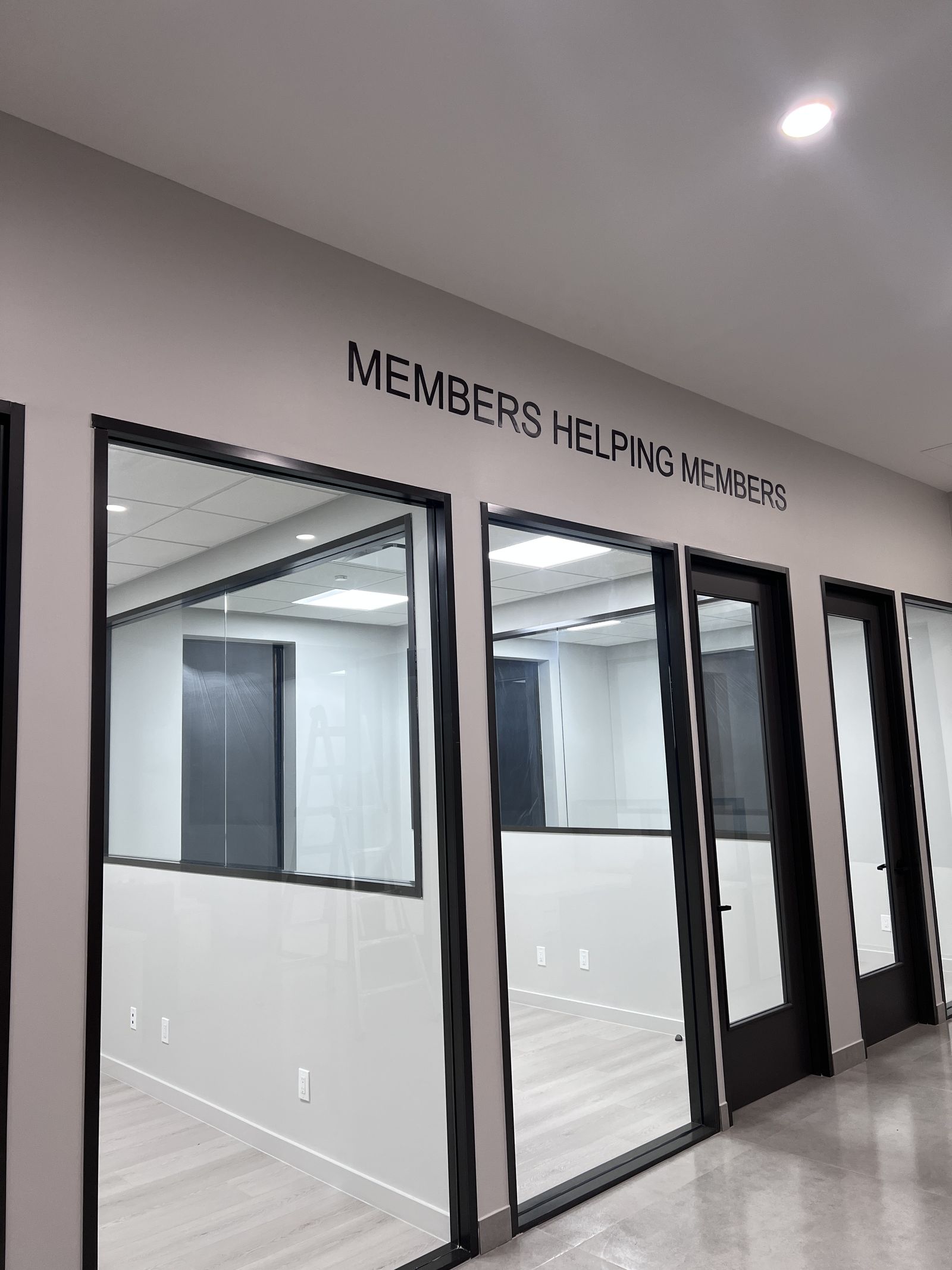 Vinyl wall lettering above glass offices reading Members Helping Members